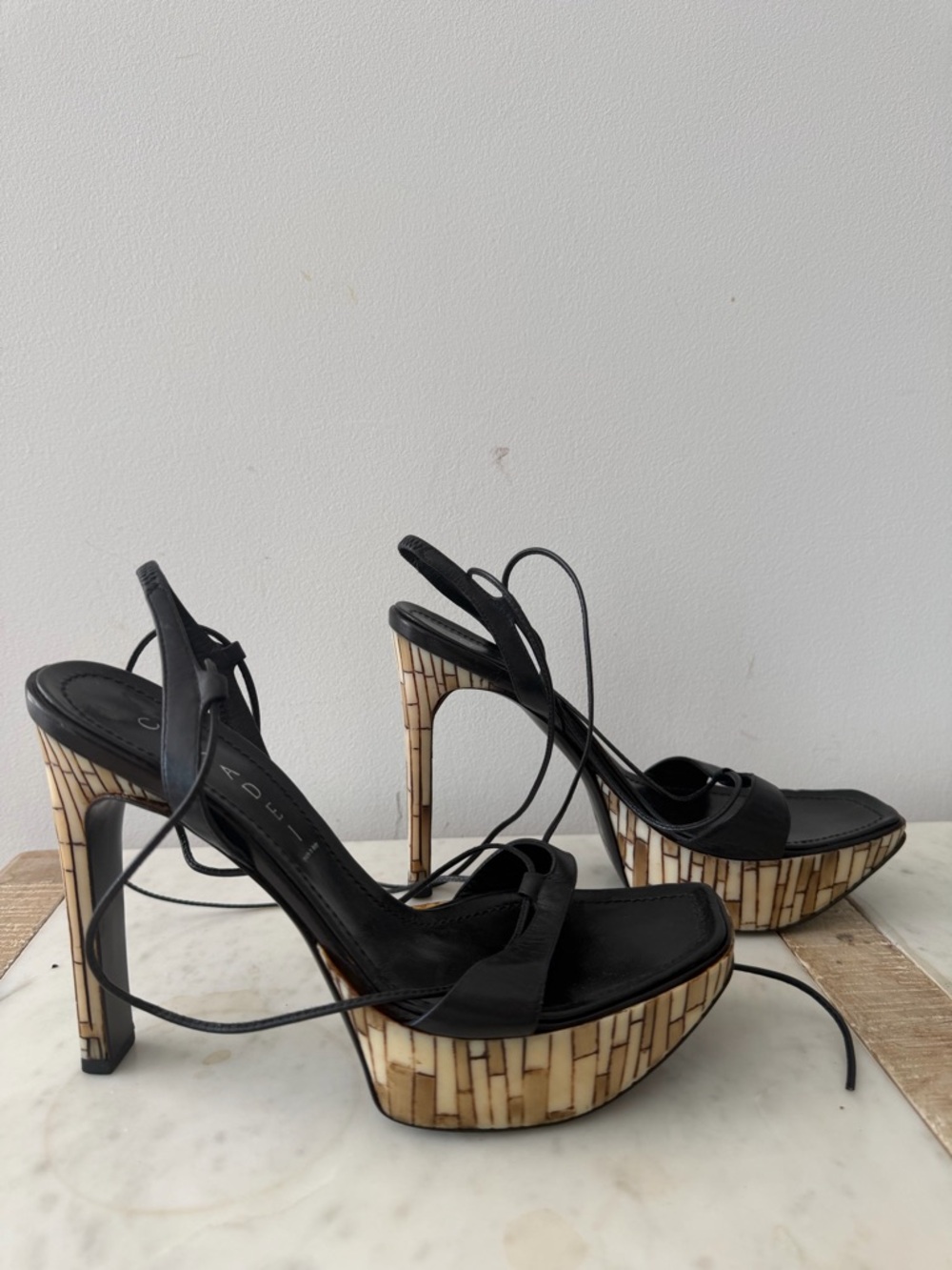 Casadei Black Platform Lace-Up Sandals with Wood-Effect Heel